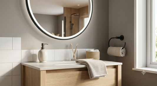Salle de bain moderne avec porte-serviettes mural noir, miroir rond LED, distributeur de savon, rangement et meuble vasque en bois.