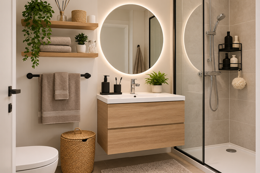 Petite salle de bain moderne avec accessoires gain de place : porte-serviettes mural, étagères, miroir lumineux, rangement de douche et meuble suspendu.