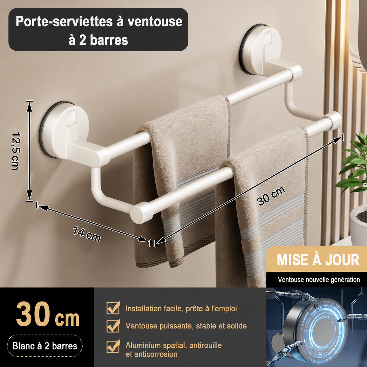 Porte-serviettes à Ventouse en Blanc