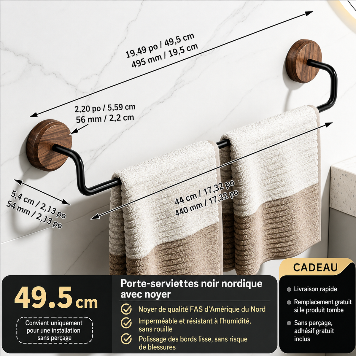 Porte-Serviettes en Bois de Noyer et Acier Carbone Taille L