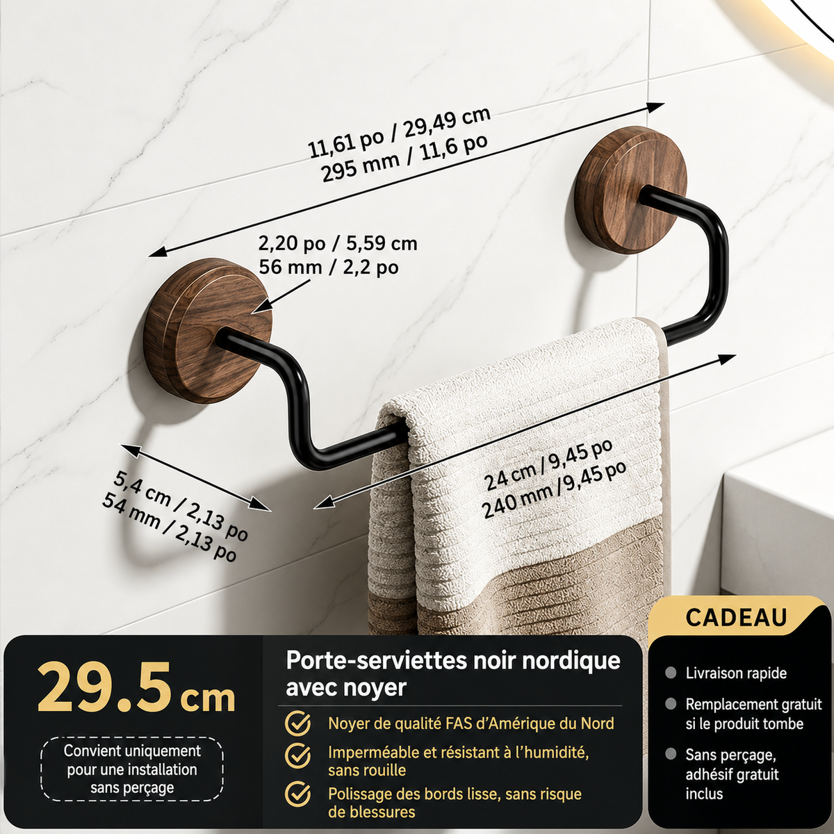 Porte-Serviettes en Bois de Noyer et Acier Carbone Taille S