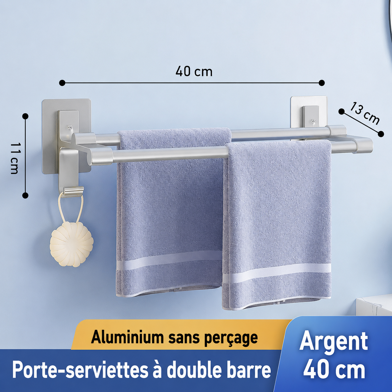 Porte-serviettes 2 barres Auto-Adhésif 40cm en Argent