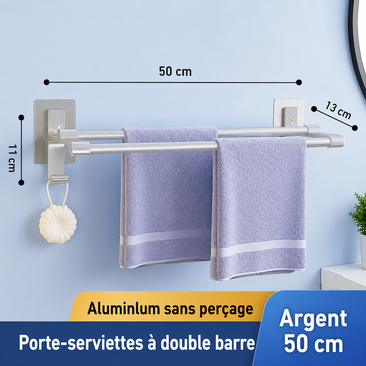 Porte-serviettes 2 barres Auto-Adhésif 50cm en Argent