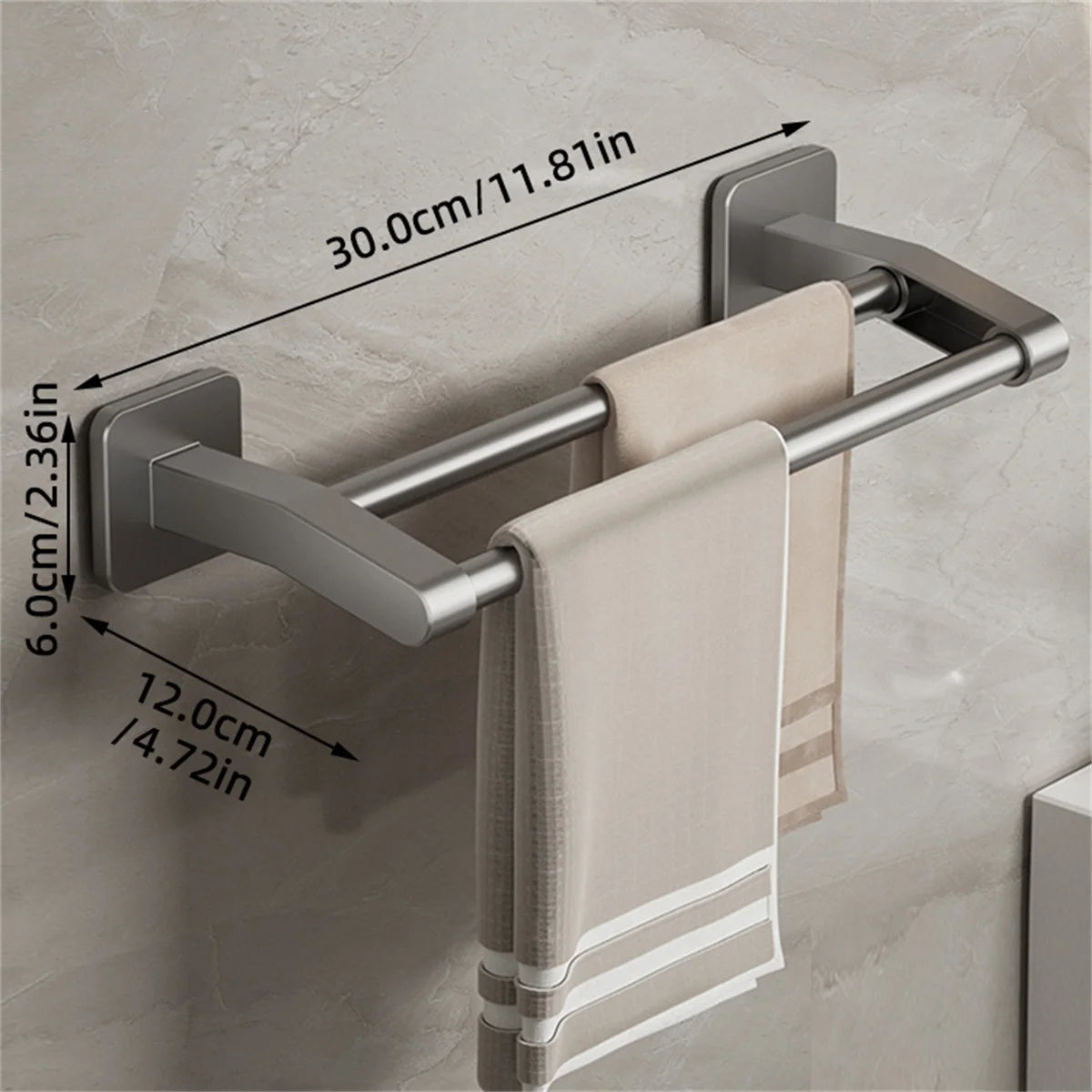 Porte-serviettes Auto-Adhésif en Gris 30 cm avec 2 Barres