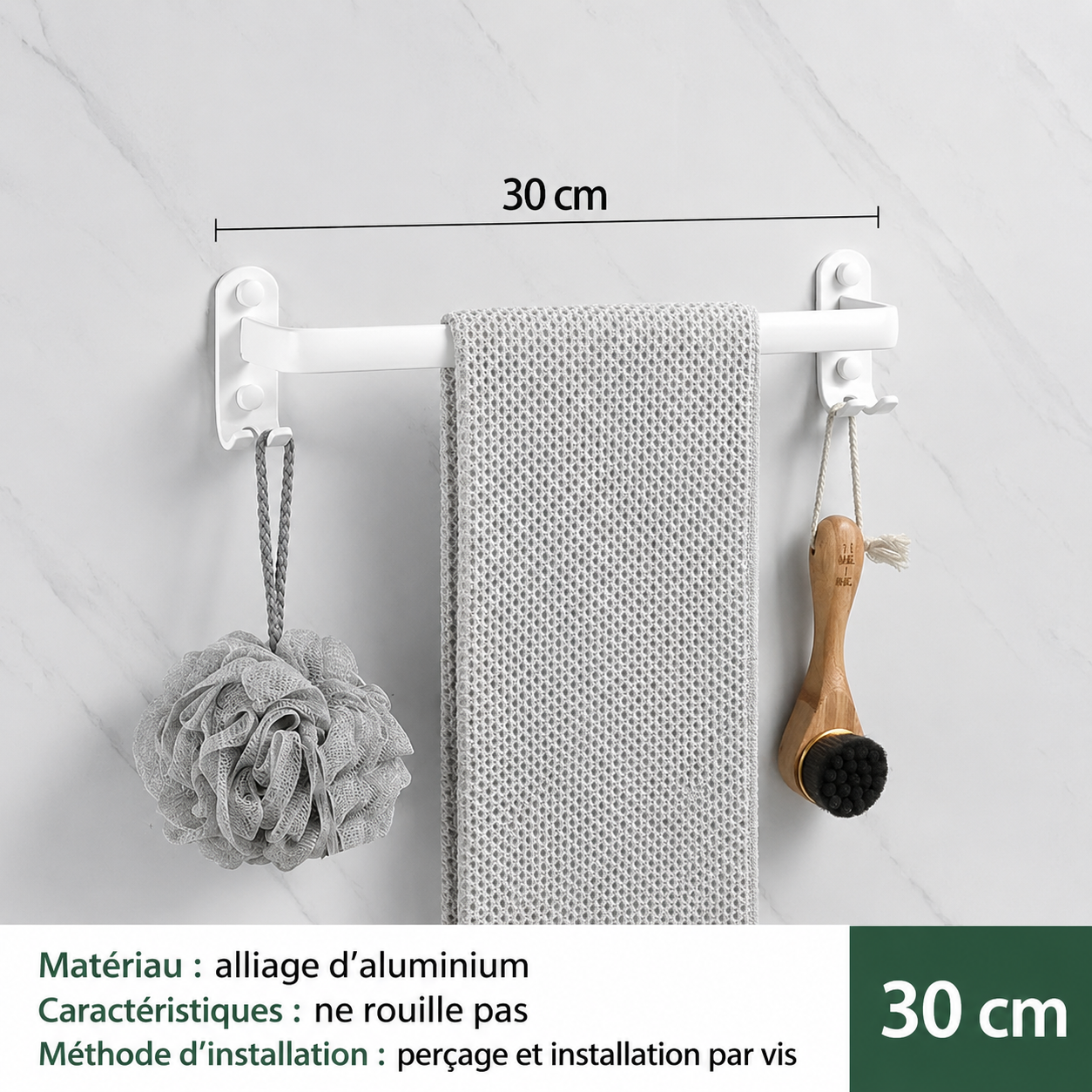 Porte-serviettes en Blanc avec Rangement 1 barre 30cm