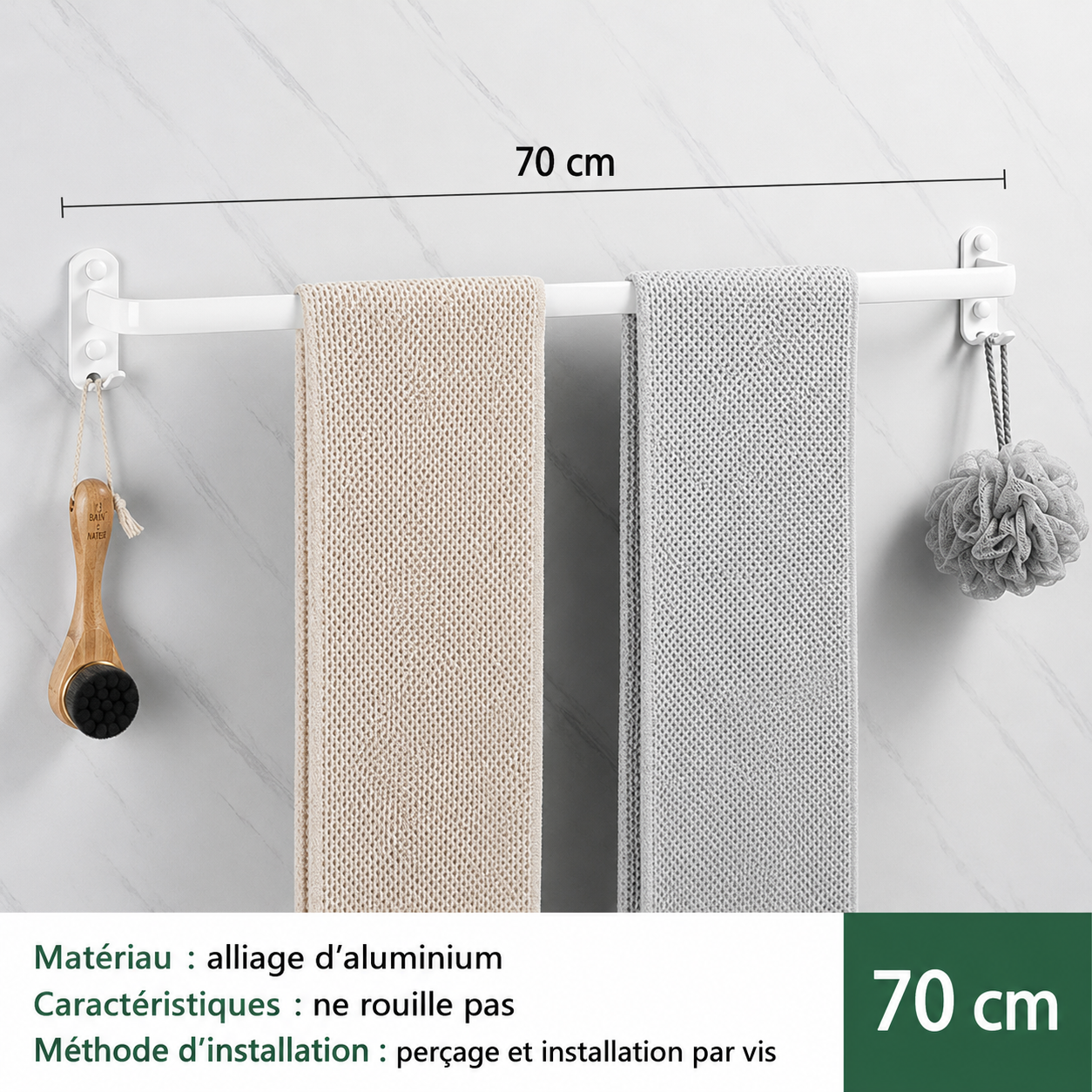 Porte-serviettes en Blanc avec Rangement 1 barre 70cm