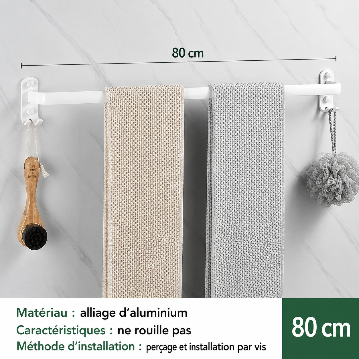 Porte-serviettes en Blanc avec Rangement 1 barre 80cm