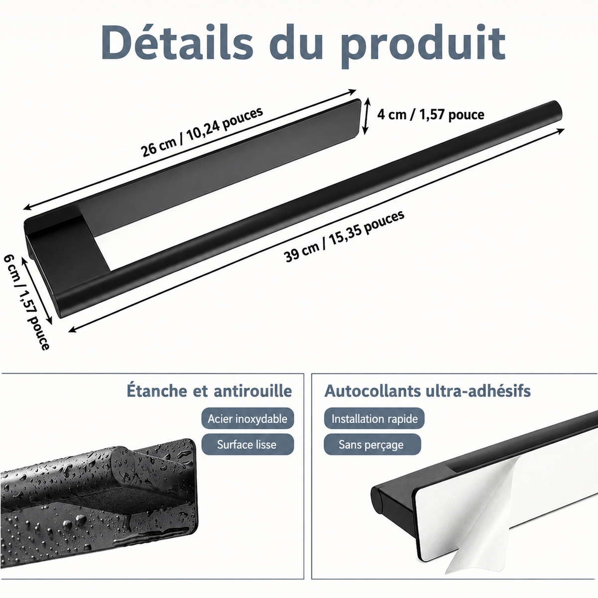 Porte-serviettes Brossé en Acier Inoxydable en Noir avec 1 Barre