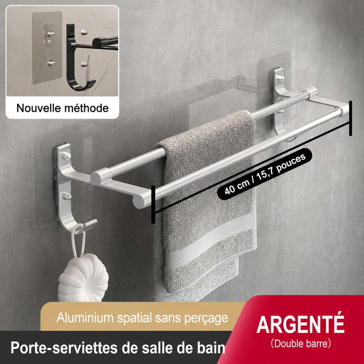 Porte-serviettes Double Barres 40cm Argenté