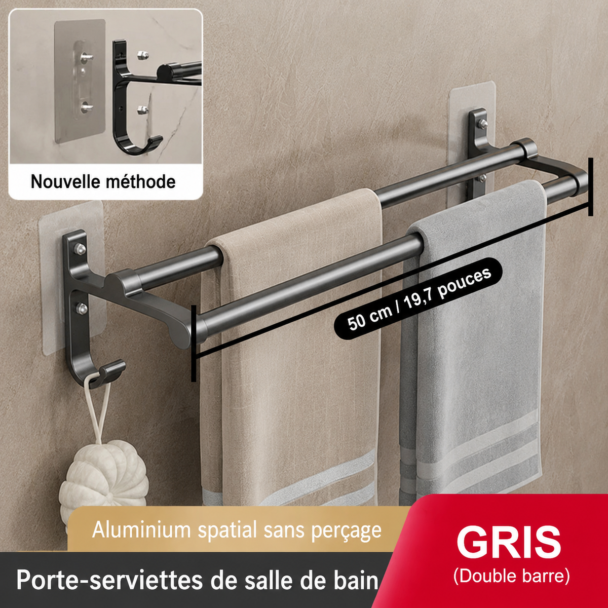 Porte-serviettes Double Barres 50cm en Gris