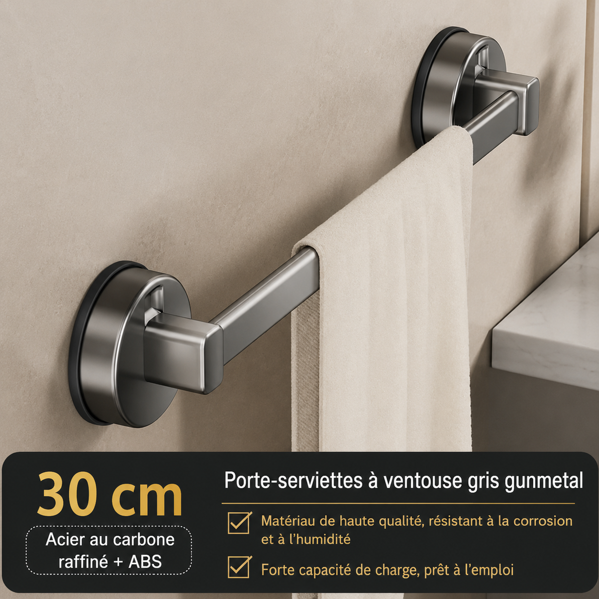 Porte-serviettes Gris à Ventouse 30 cm