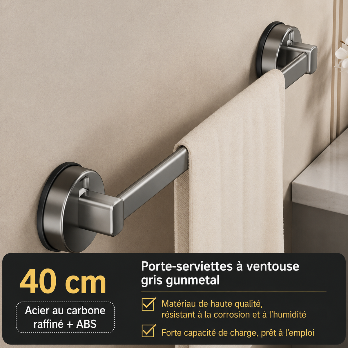 Porte-serviettes Gris à Ventouse 40 cm