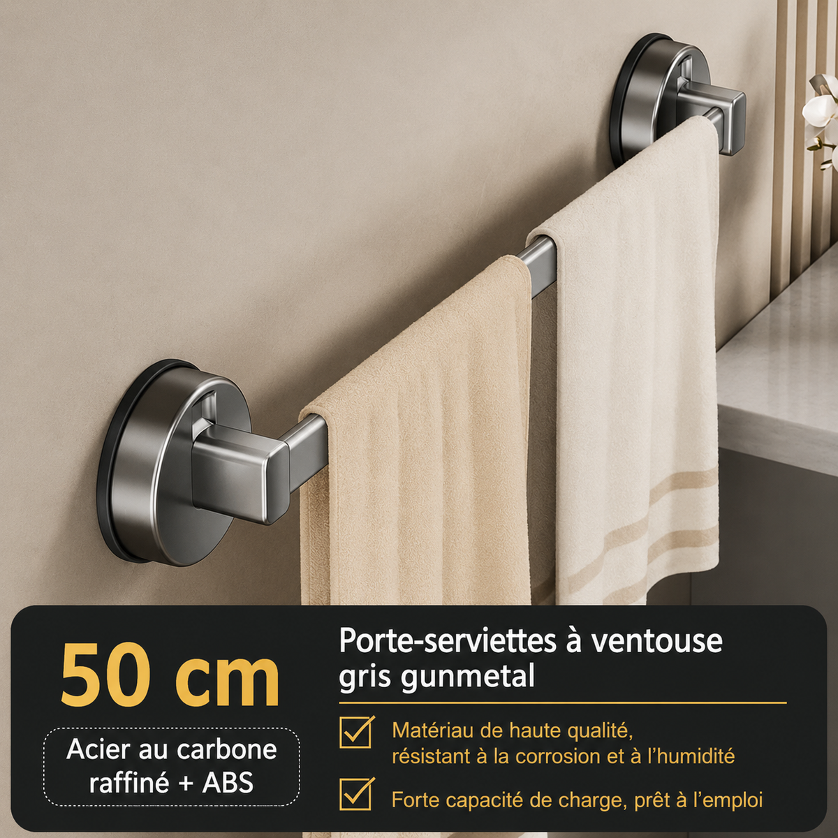 Porte-serviettes Gris à Ventouse 50 cm