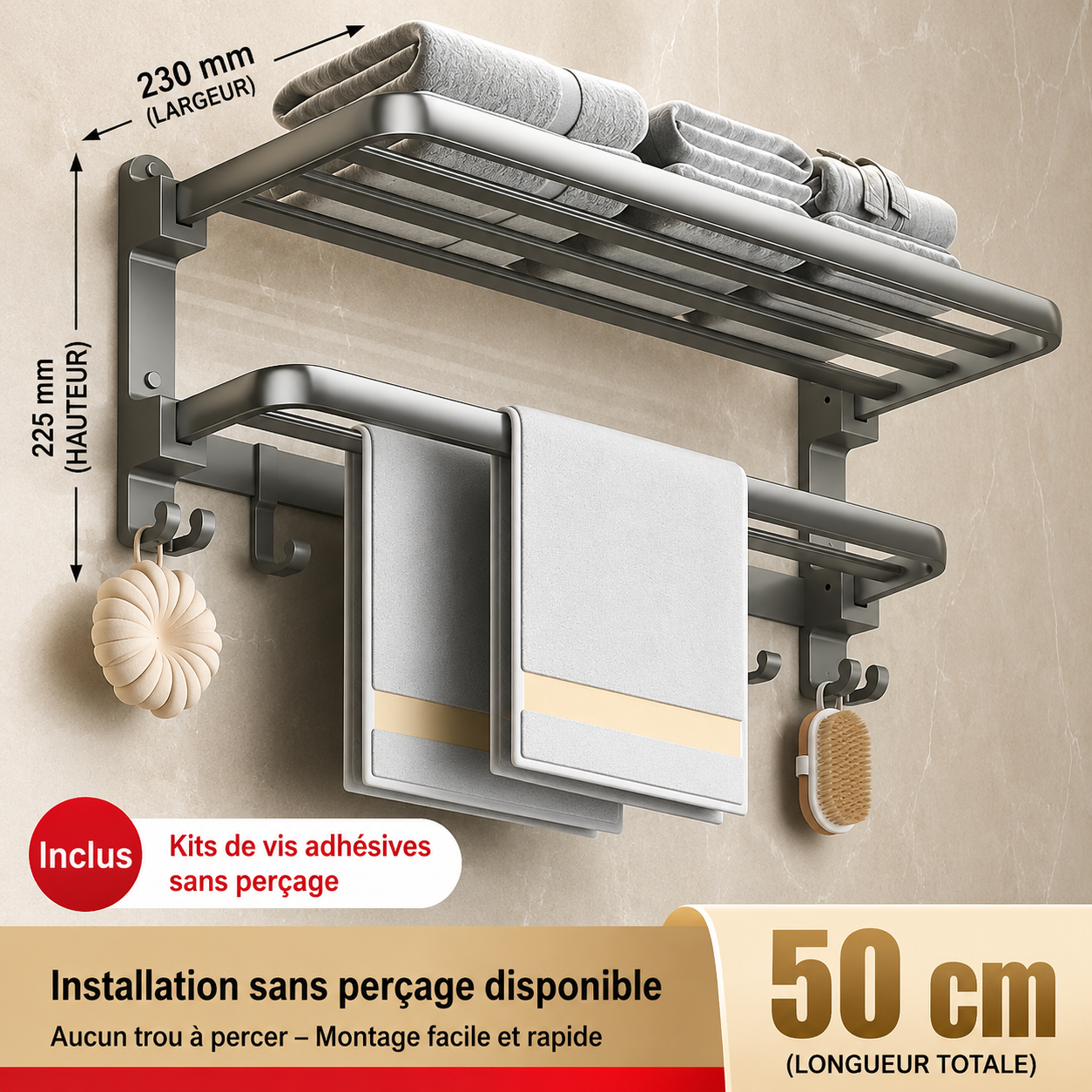 Porte-serviettes Mural Pliable 50cm