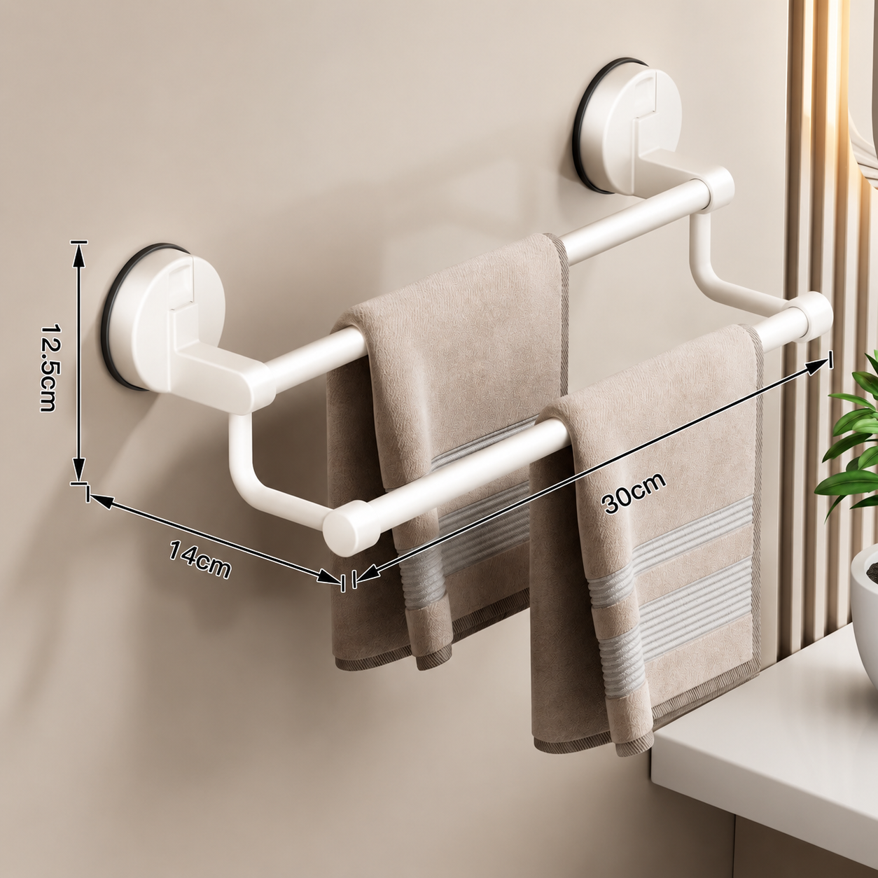 Porte-serviettes Mural à Ventouse 30cm avec 2 Barres en Blanc