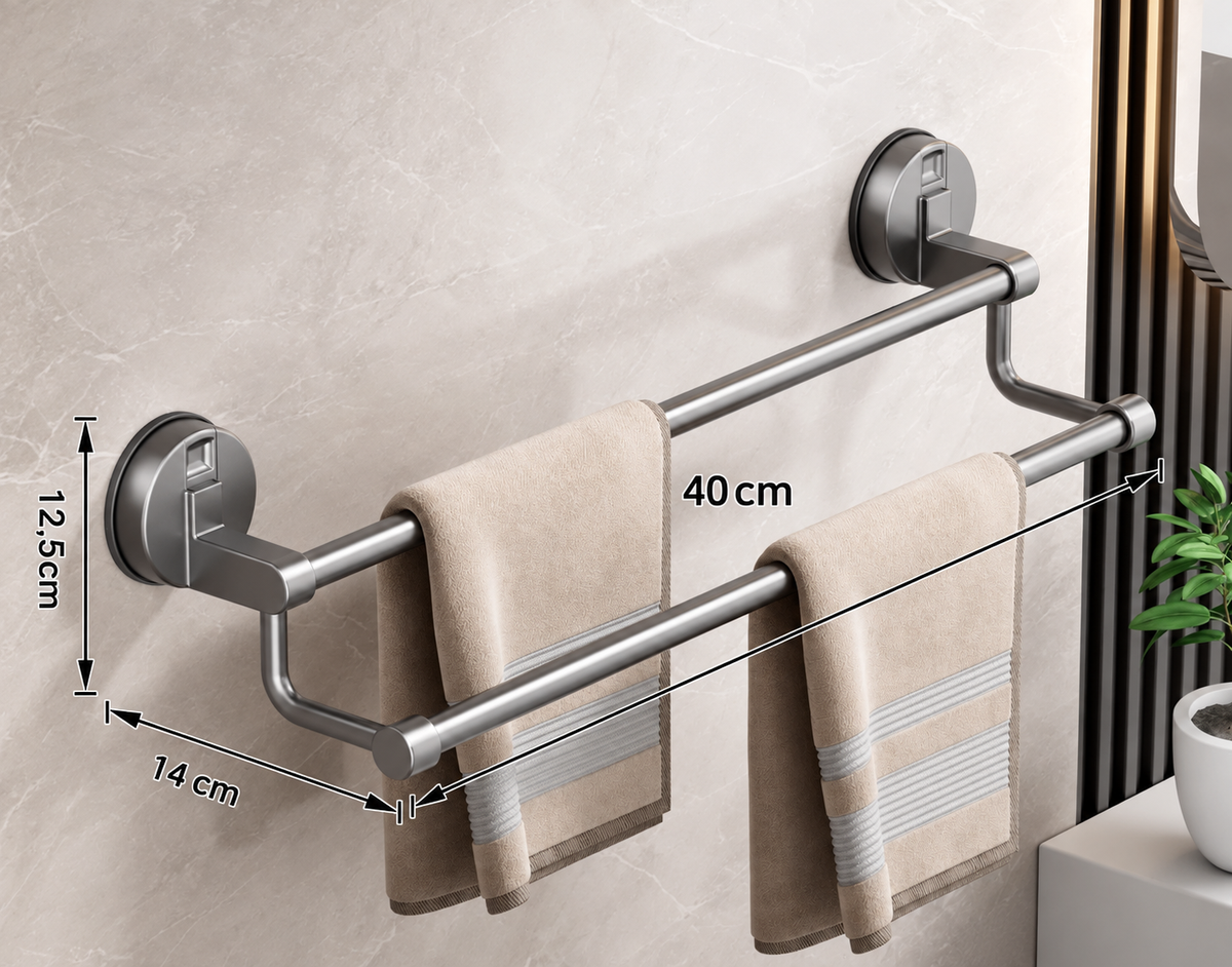 Porte-serviettes Mural à Ventouse 40cm avec 2 Barres en Gris