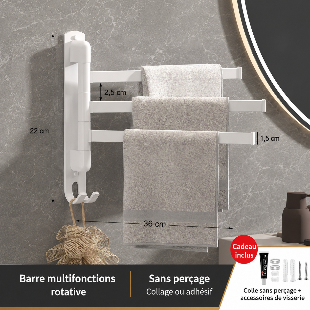 Porte-serviettes Rotatif Acier Inoxydable 3 barres en Blanc