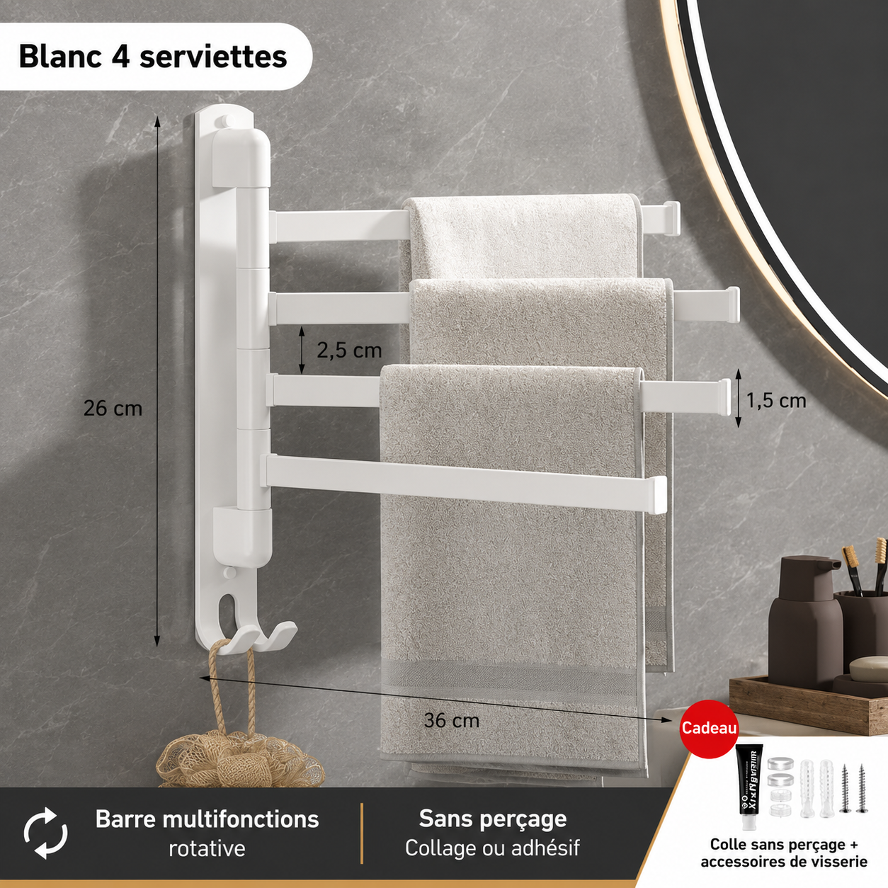 Porte-serviettes Rotatif Acier Inoxydable 4 barres en Blanc
