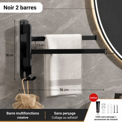 Porte-serviettes Rotatif Acier Inoxydable 2 barres en Noir