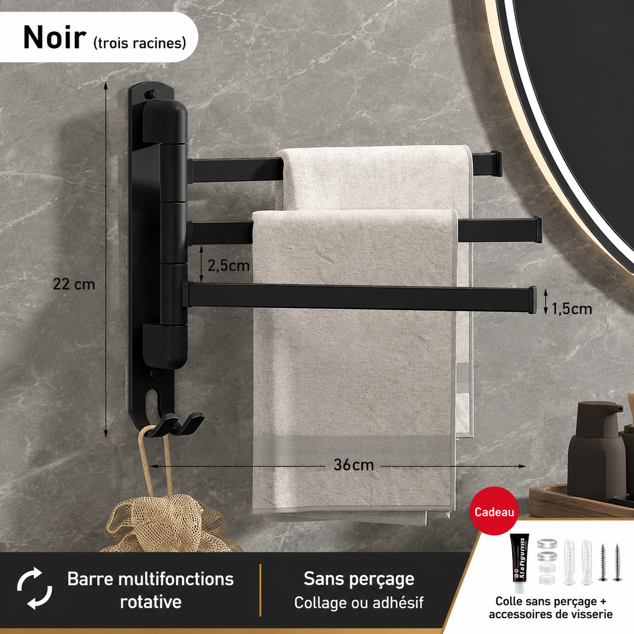 Porte-serviettes Rotatif Acier Inoxydable 3 barres en Noir
