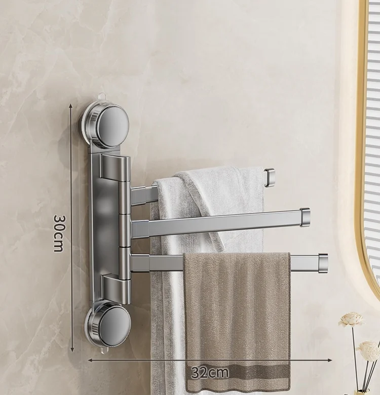 Porte-serviettes Sans Perçage Rotatif avec 3 Barres en Gris