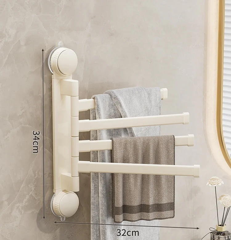 Porte-serviettes Sans Perçage Rotatif avec 4 Barres en Crème