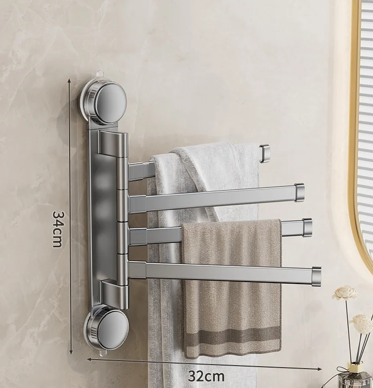 Porte-serviettes Sans Perçage Rotatif avec 4 Barres en Gris