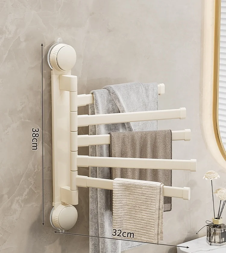 Porte-serviettes Sans Perçage Rotatif avec 5 Barres en Crème