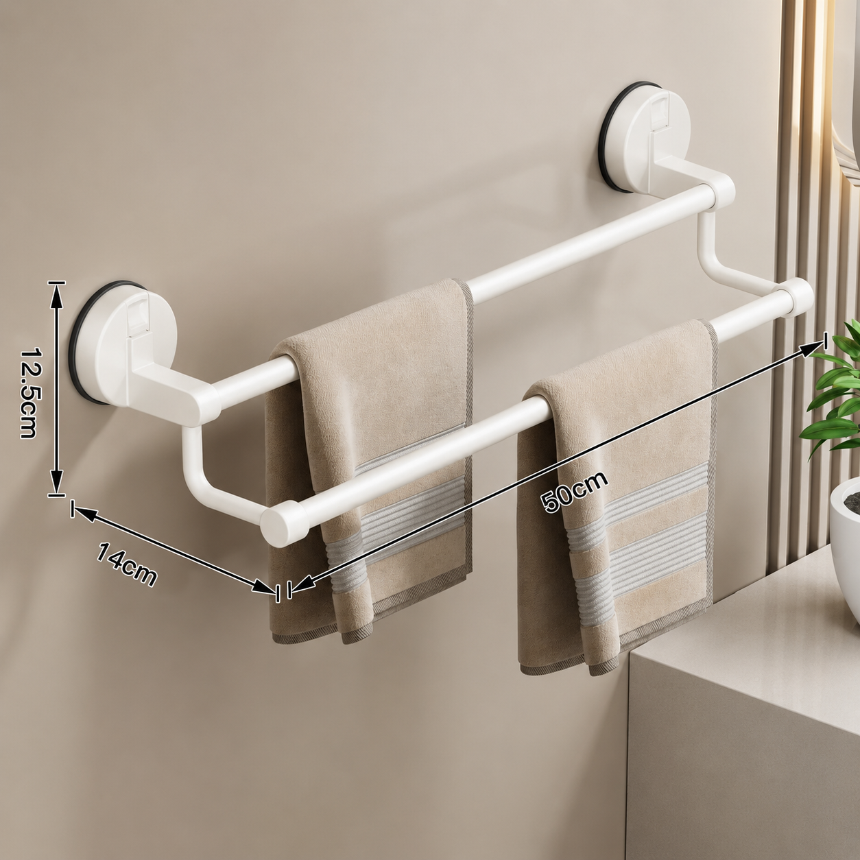 Porte-serviettes Sans Perçage avec Ventouse Double Barre 50cm en Blanc