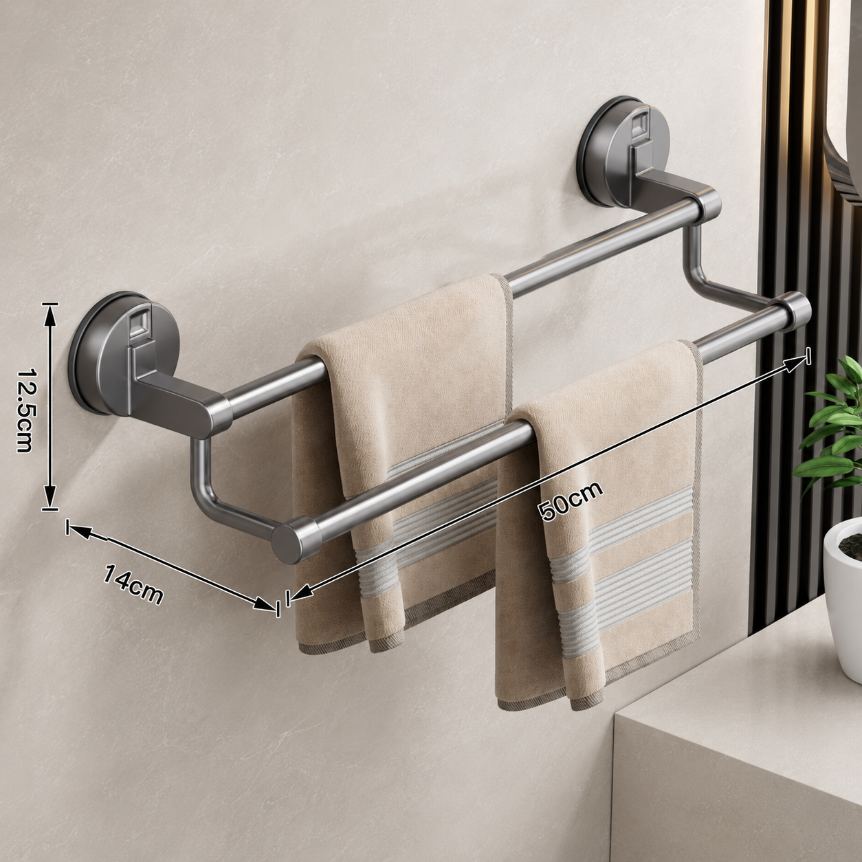 Porte-serviettes Sans Perçage avec Ventouse Double Barre 50cm en Gris 