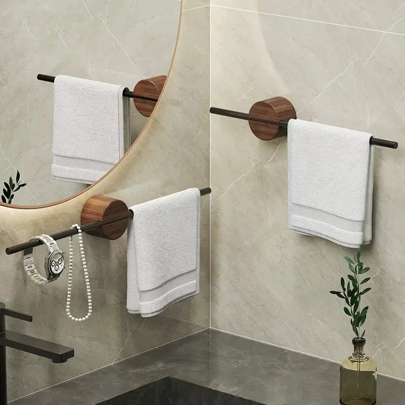 Porte-Serviettes Mural en Bois de Noyer 40/50cm - Barre Coulissante Sans Perçage Salle de Bain