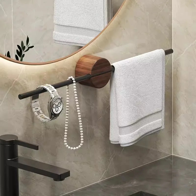Porte-Serviettes Mural en Bois de Noyer 40/50cm - Barre Coulissante Sans Perçage Salle de Bain