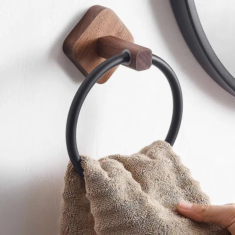 Anneau Porte-Serviettes Mural Bois de Noyer et Aluminium - Charge Lourde Salle de Bain Cuisine