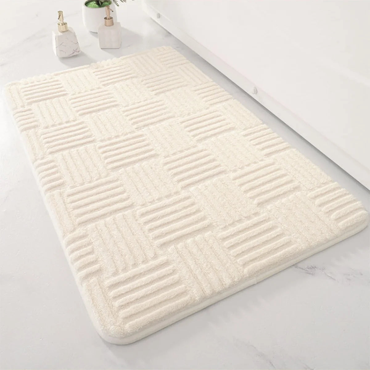 Tapis de bain Rayé en Polyester en Blanc
