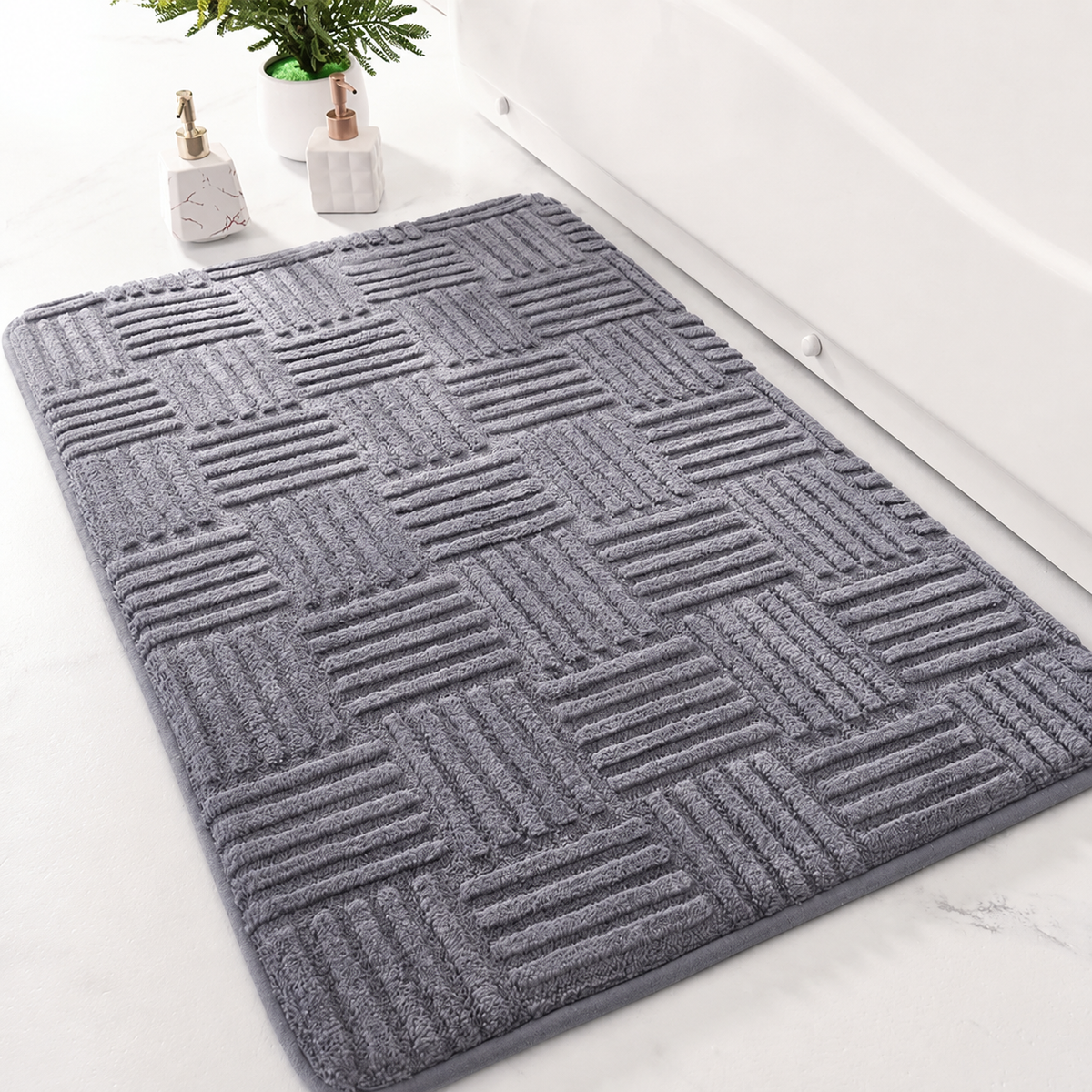 Tapis de bain Rayé en Polyester en Gris-Noir