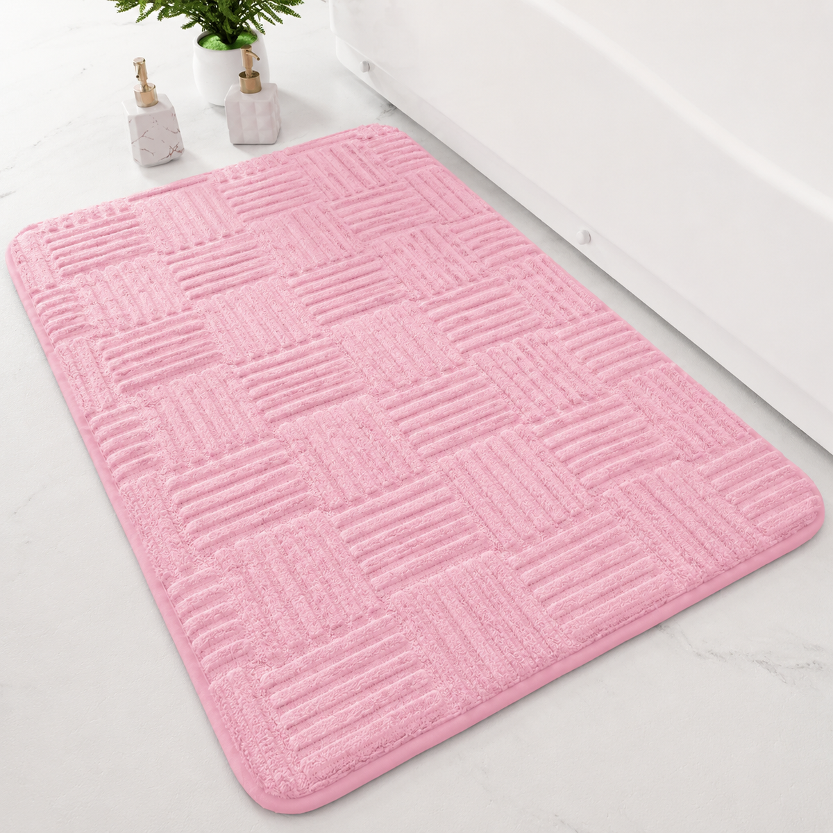 Tapis de bain Rayé en Polyester en Rose